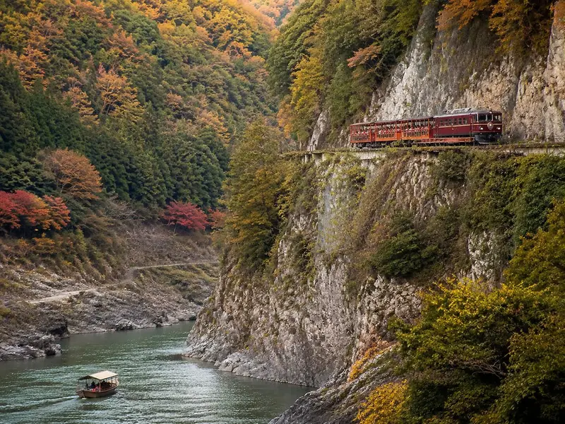 The Sagano Romantic Train above the Hozu River
