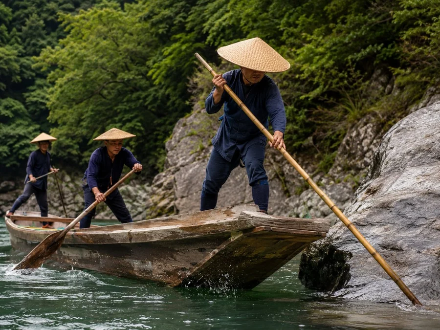 Boatmen working a flat-bottomed boat with poles and oars